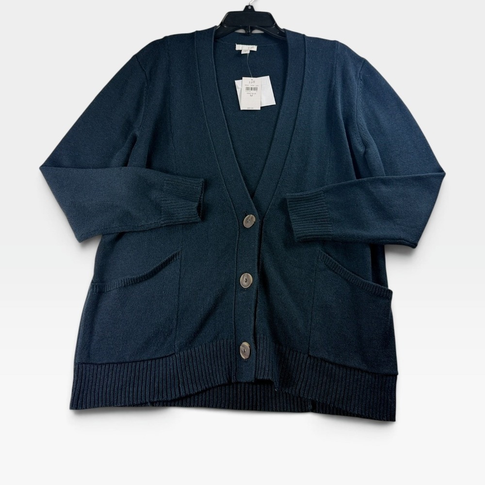 J. Jill Cardigan V-Neck Button Front Womens M Deep Blue Cotton Wool Cashmere NEW